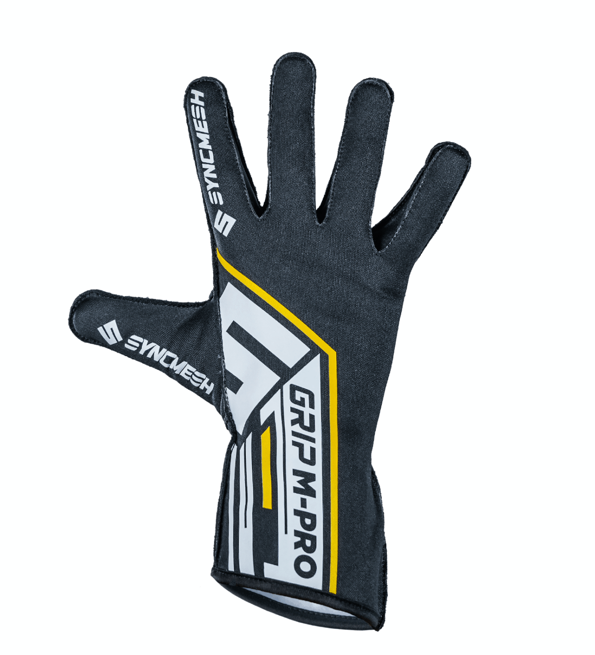 Syncmesh Grip M-PRO Black sim racing glove, back of hand with the yellow and white GRIP M-PRO graphic