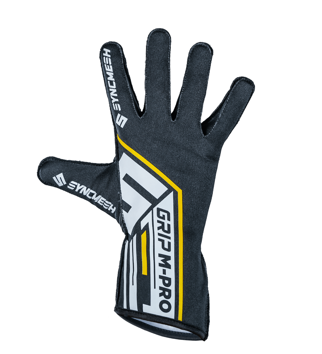 Syncmesh Grip M-PRO Black sim racing glove, back of hand with the yellow and white GRIP M-PRO graphic