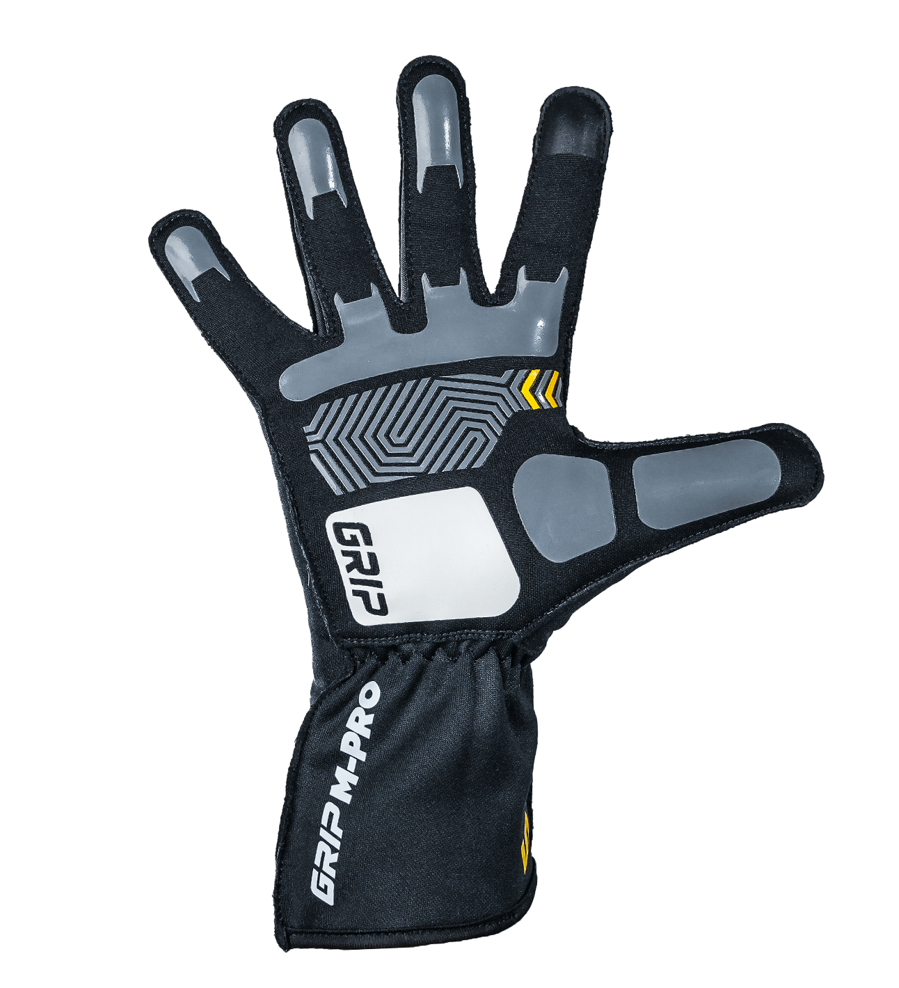 Syncmesh Grip M-PRO Black sim racing glove, palm view with grey padded panels