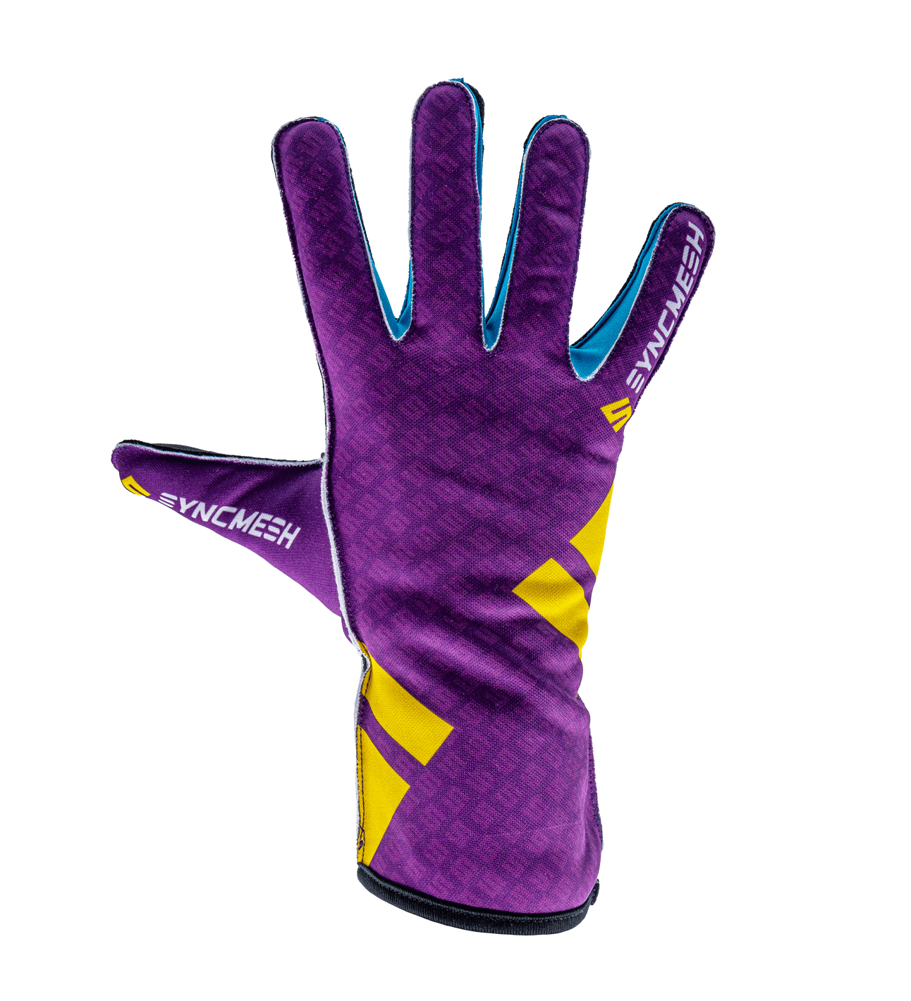 Syncmesh Grip M2X Nebula sim racing glove in purple with yellow accents, back of hand, part of the M2X DUO Pack
