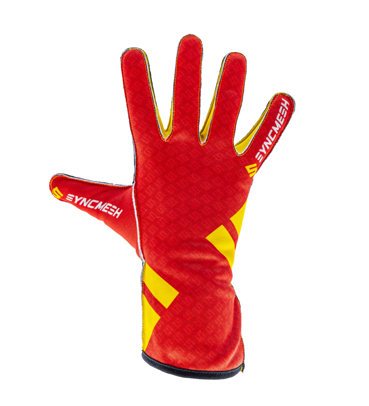 Syncmesh Grip M2X Blaze sim racing glove in red with yellow accents, back of hand, part of the M2X DUO Pack