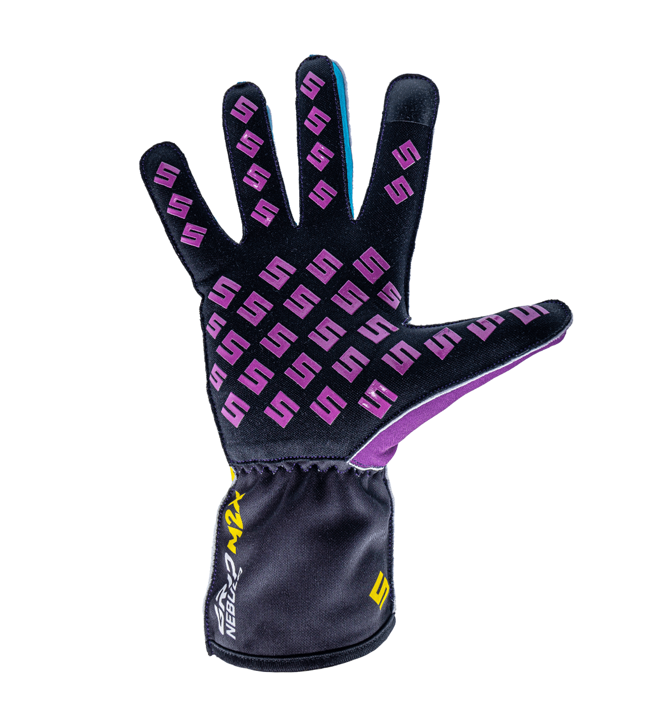 Syncmesh Grip M2X Nebula sim racing glove, palm view showing the purple S-logo silicone grip pattern