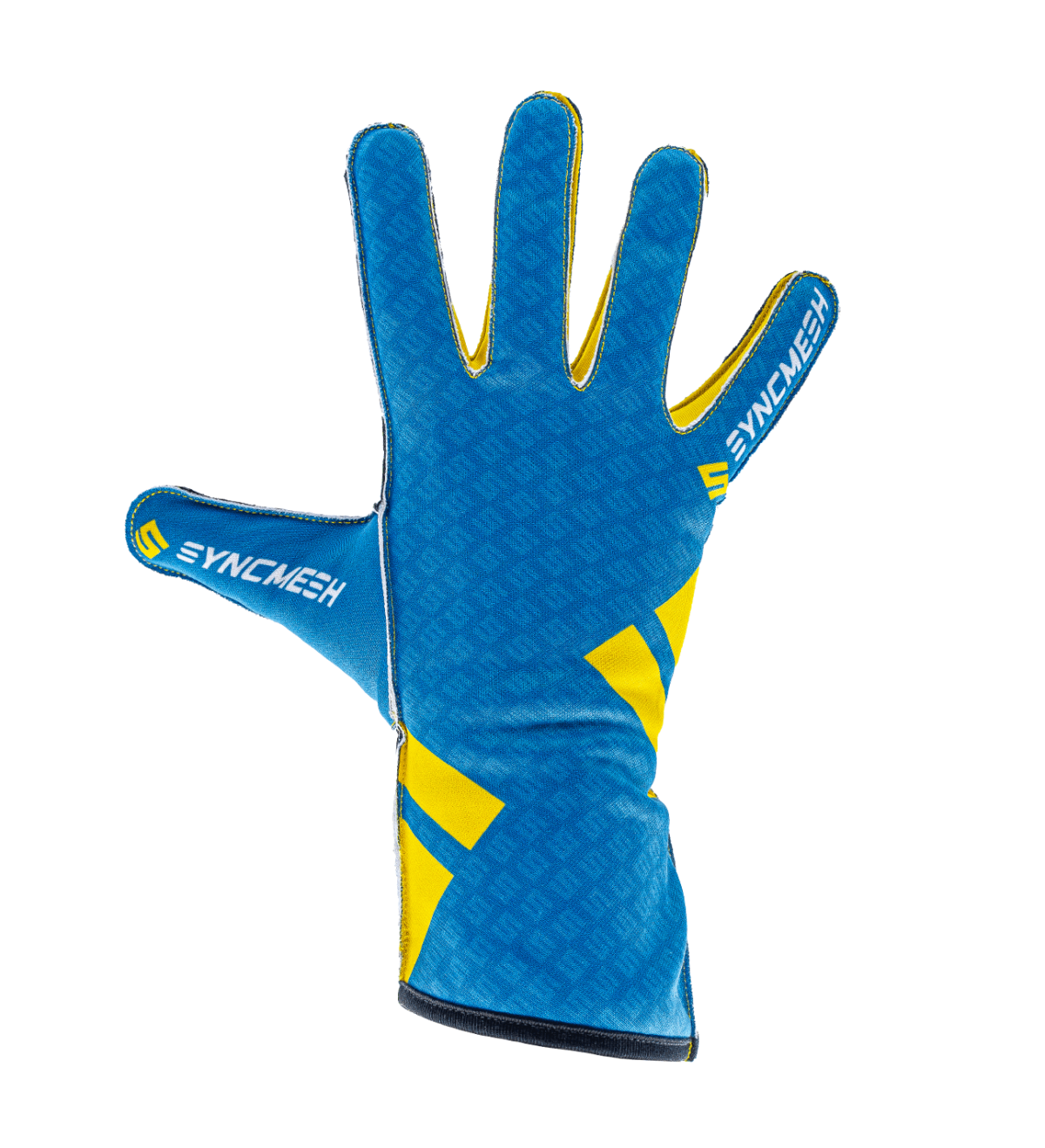 Syncmesh Grip M2X Azure sim racing glove in blue with yellow accents, back of hand, part of the M2X DUO Pack