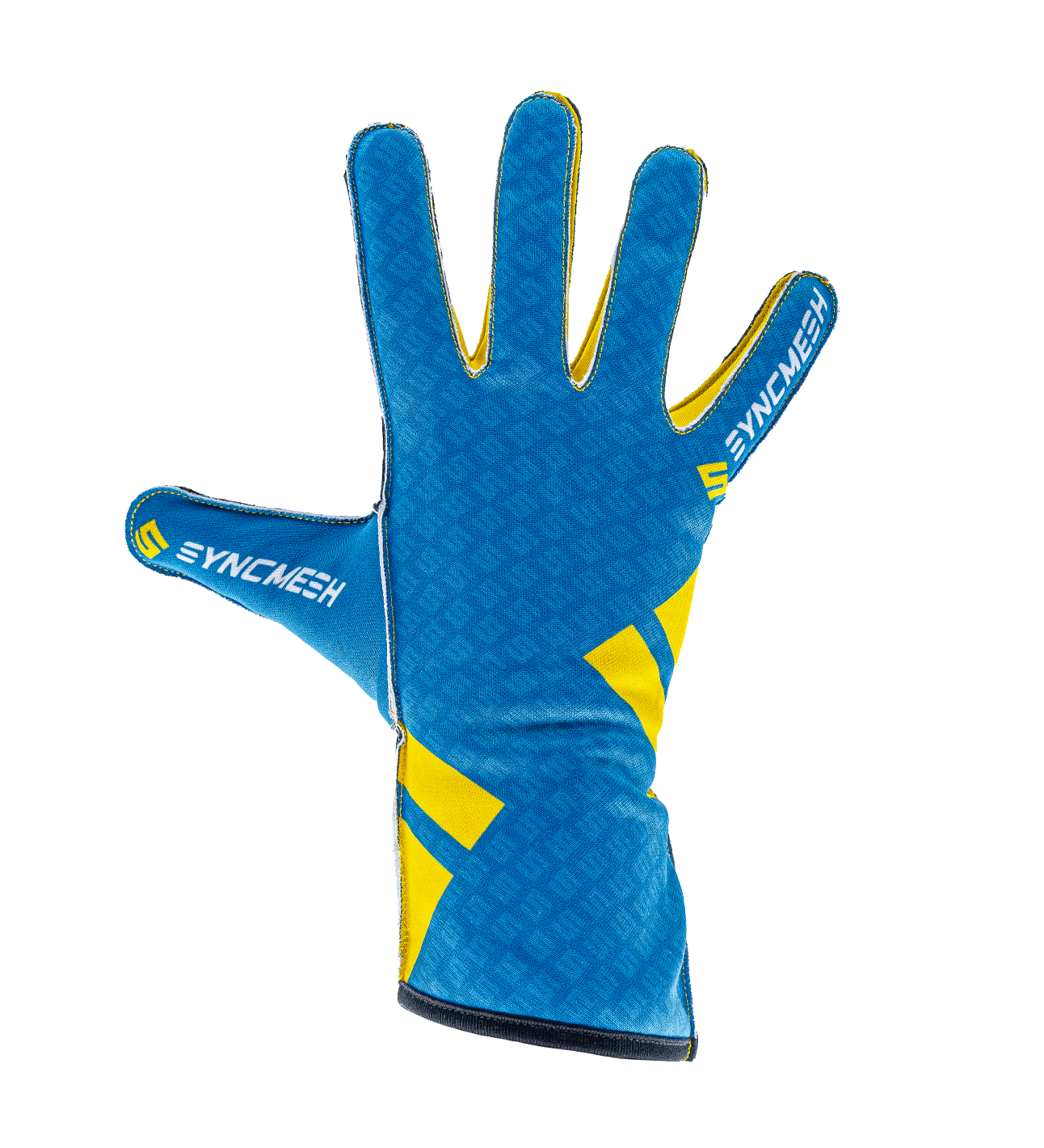 Syncmesh Grip M2X Azure sim racing glove in blue with yellow accents, back of hand, part of the M2X DUO Pack