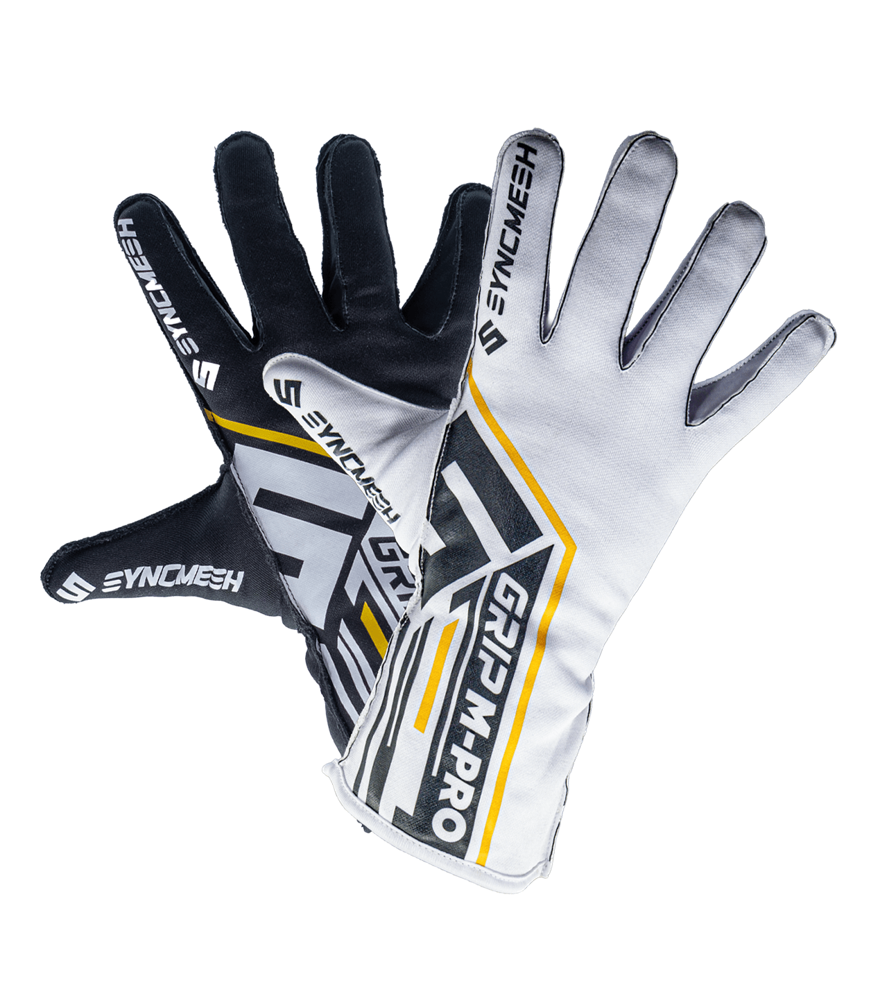 Syncmesh Grip M-PRO DUO Pack, black and white sim racing gloves shown overlapping