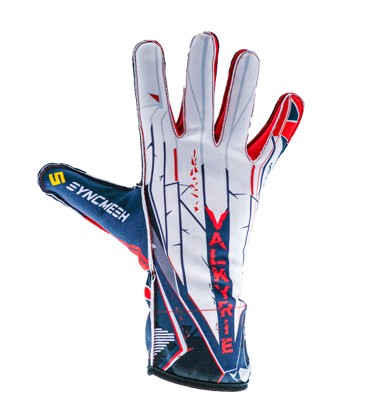 Syncmesh Grip M2X Valkyrie sim racing glove in white with red and blue graphics, back of hand