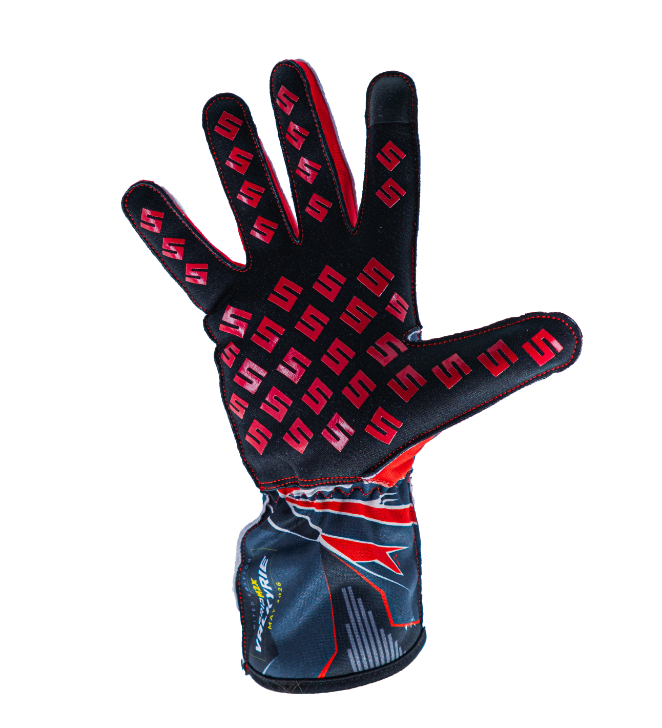Syncmesh Grip M2X Valkyrie sim racing glove, palm view showing the red S-logo silicone grip pattern