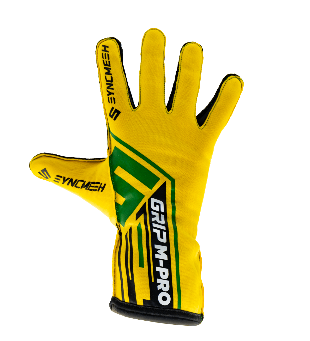 Syncmesh Grip M-PRO Yellow sim racing glove, back of hand with the green and black GRIP M-PRO graphic
