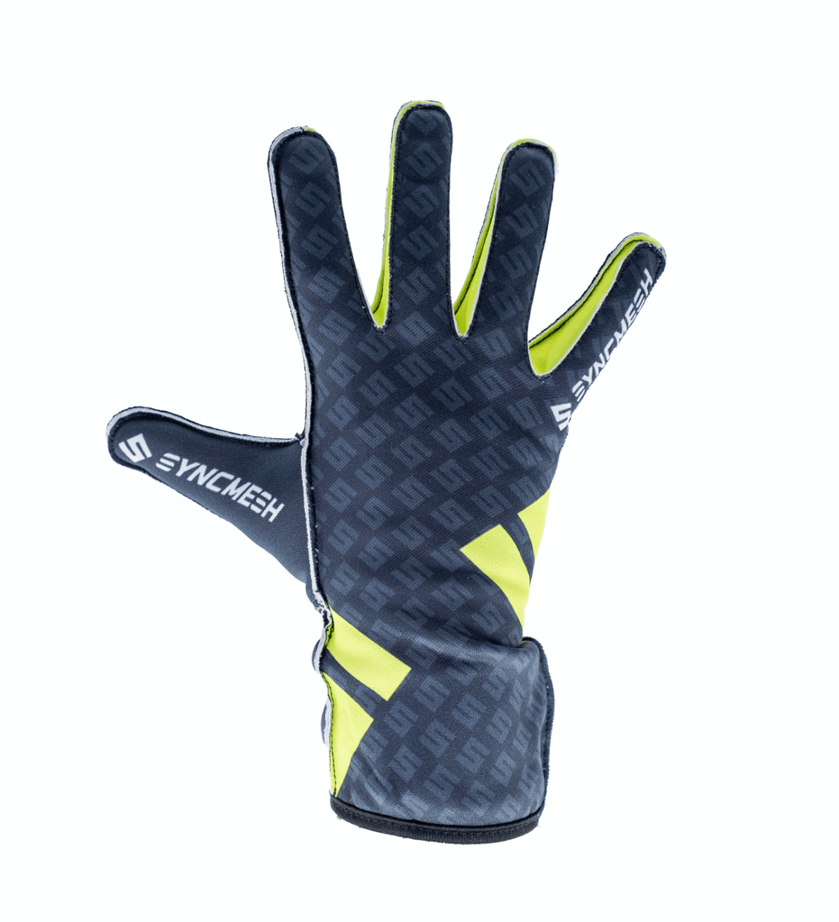 Syncmesh Grip M3 Banshee sim racing glove in carbon grey with neon yellow, back of hand, part of the M3 DUO Pack