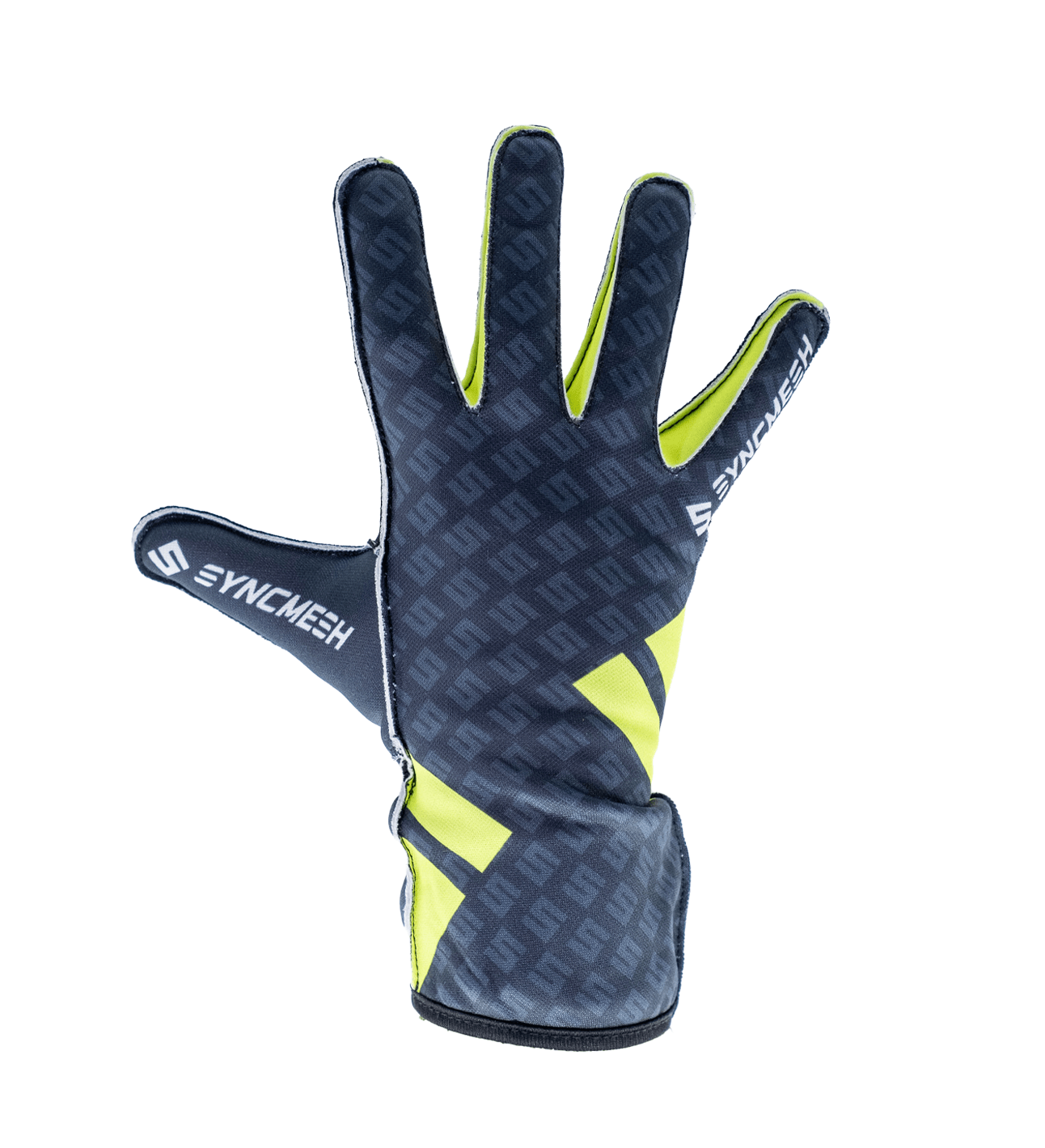 Syncmesh Grip M3 Banshee sim racing glove in carbon grey with neon yellow, back of hand, part of the M3 DUO Pack