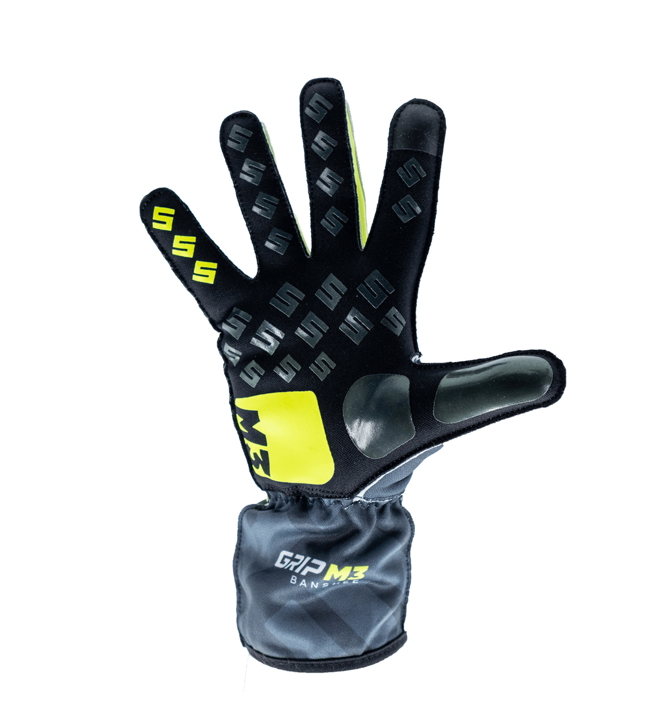 Syncmesh Grip M3 Banshee sim racing glove, palm view with neon yellow grip pads and padded thumb
