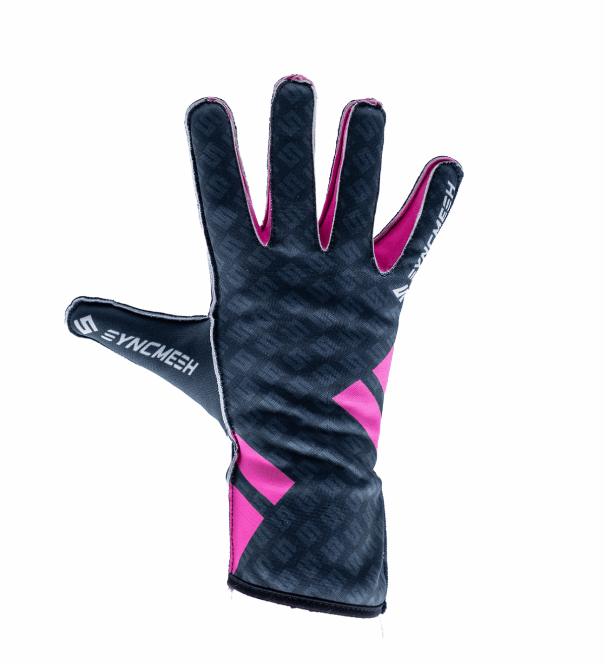 Syncmesh Grip M3 Void sim racing glove in carbon grey with pink accents, back of hand, part of the M3 DUO Pack